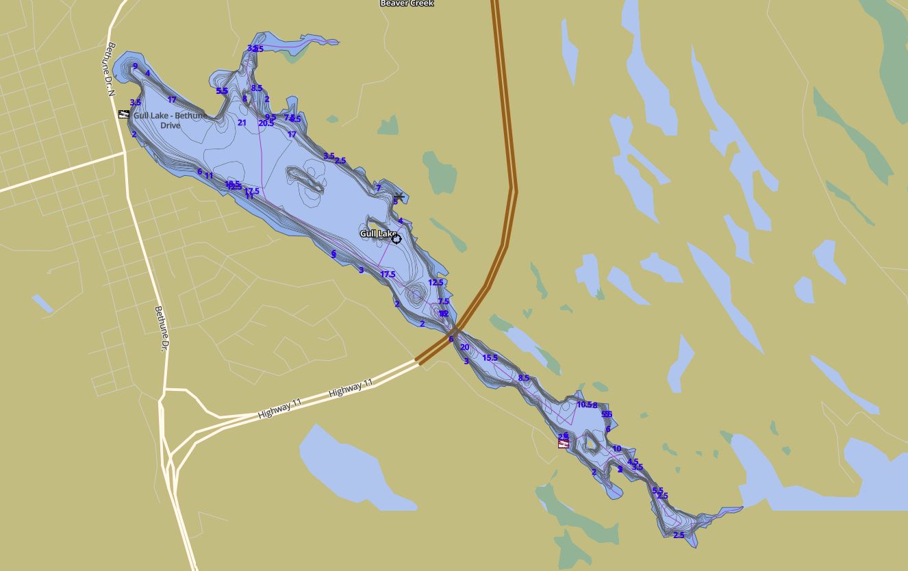 Contour Map of Gull Lake in Municipality of Gravenhurst and the District of Muskoka